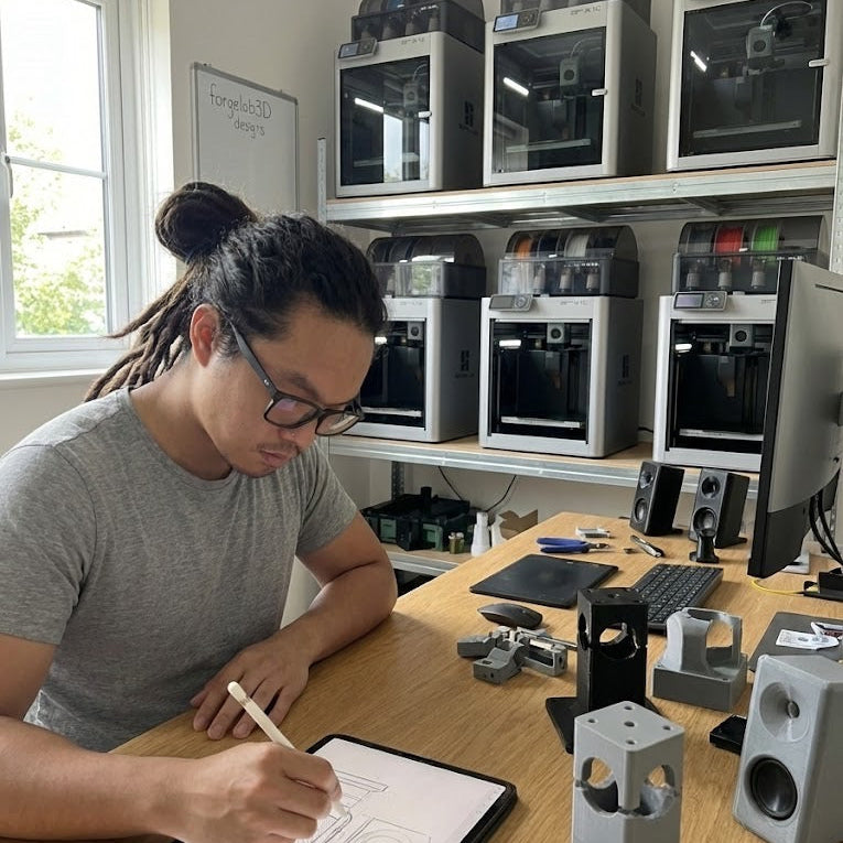 Person working on a design with a tablet in a room with 3D printers.