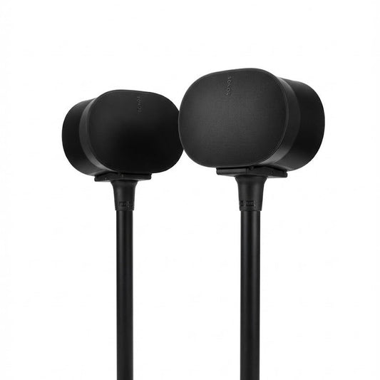 Two black speaker stands on a white background