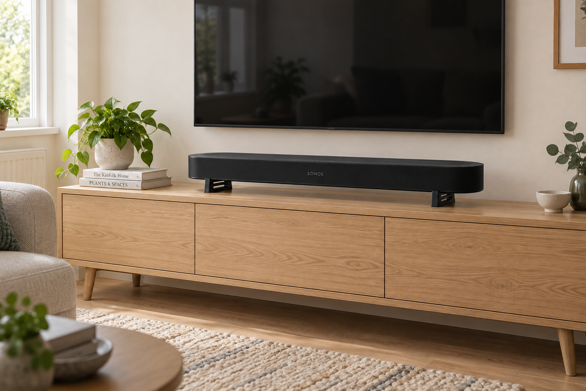 A sleek black soundbar sits on a light oak wooden media console in a modern living room setting with a large wall-mounted TV behind it.