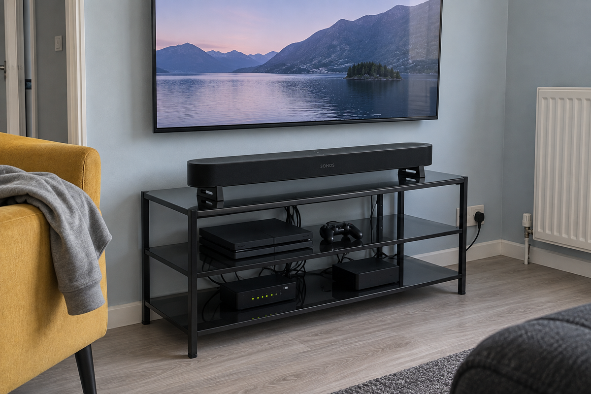 A black soundbar sits on a black glass TV stand in a modern living room setting with a yellow armchair, a wall-mounted TV, and a radiator.