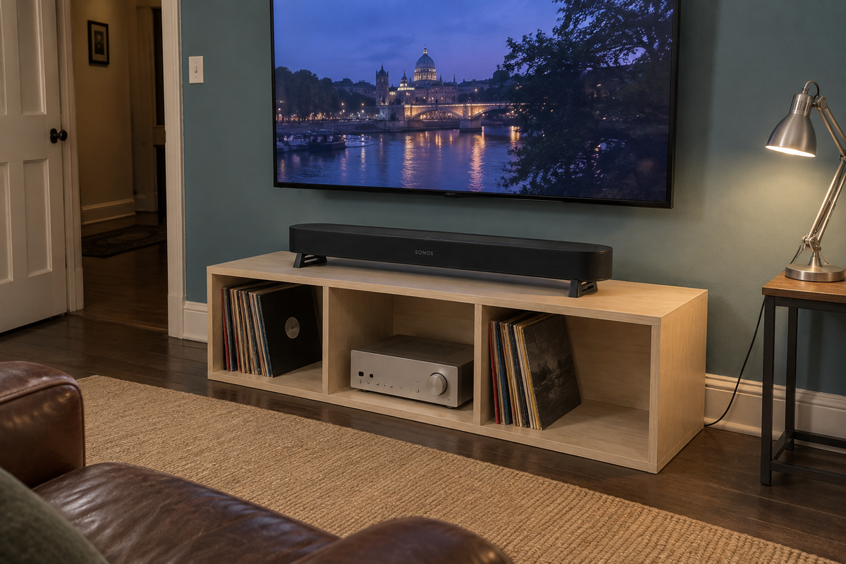 A light wood media console in a living room setting, holding a black soundbar and a silver receiver, with a large TV mounted on the wall above showing a river city scene at dusk.