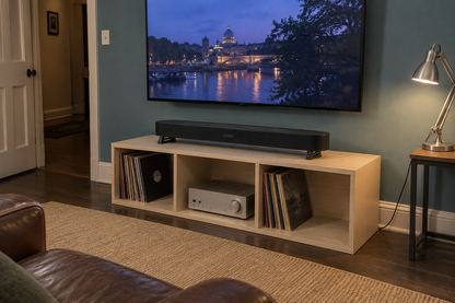 A light wood media console in a living room setting, holding a black soundbar and a silver receiver, with a large TV mounted on the wall above showing a river city scene at dusk.
