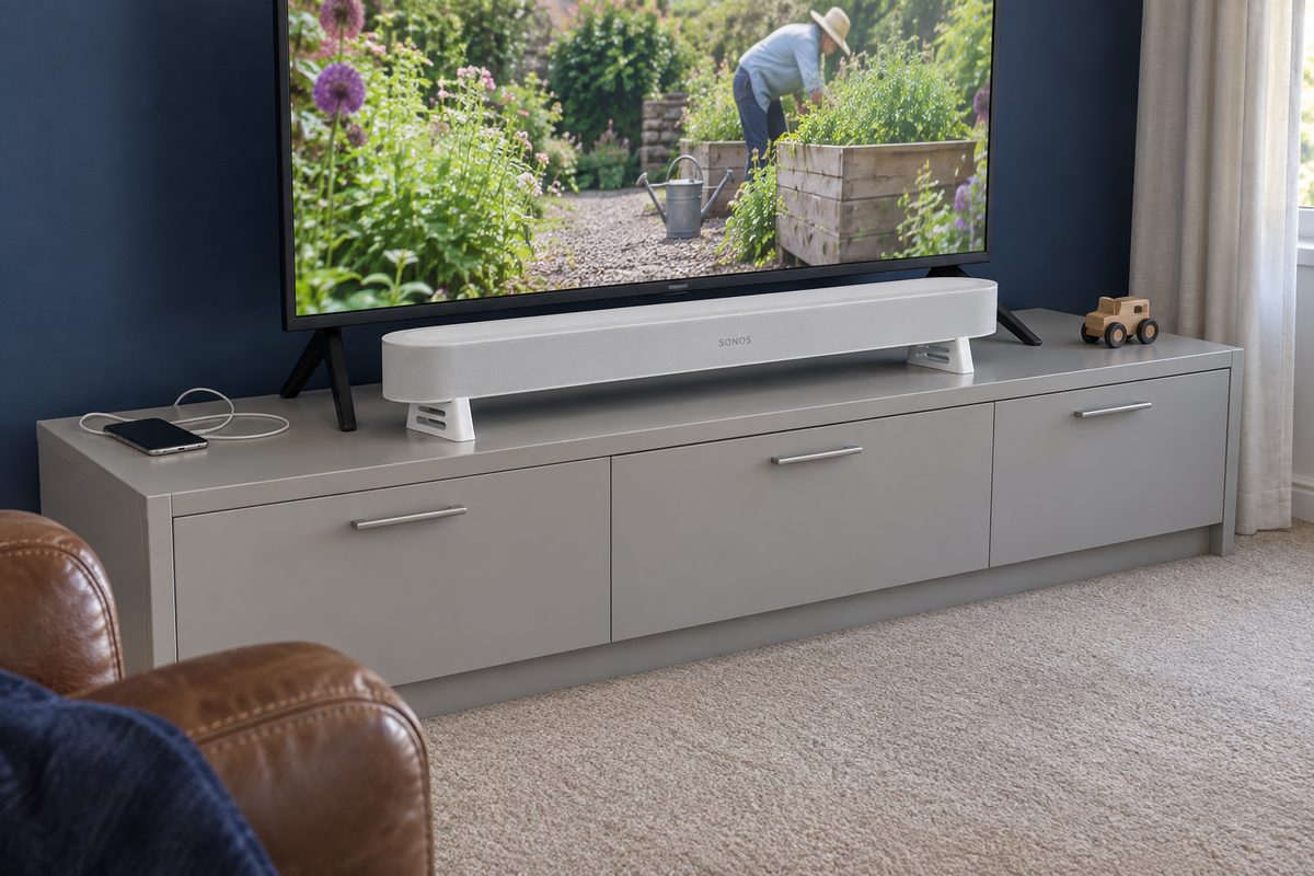 A white soundbar placed on a light gray media console in a living room setting, with a large TV above showing a garden scene. The room has a dark blue wall, beige carpet, and a brown leather chair is partially visible in the foreground.